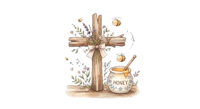 Honey & Hymns cross with honey and bees