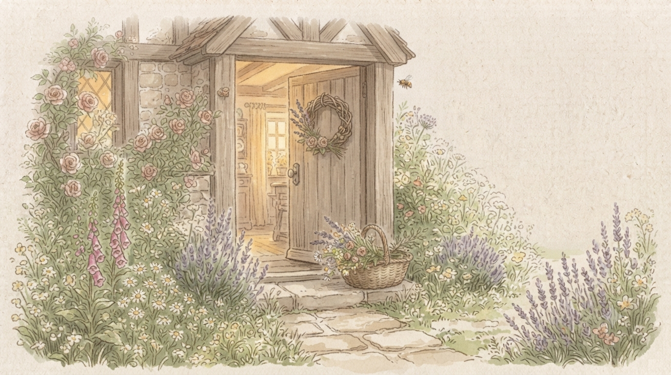 Watercolor illustration of a welcoming cottage doorway