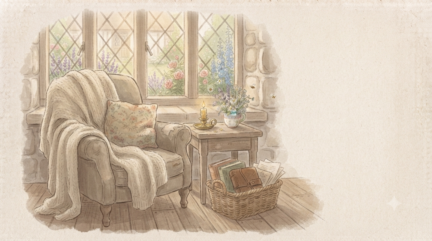 Watercolor illustration of a cozy cottage reading corner