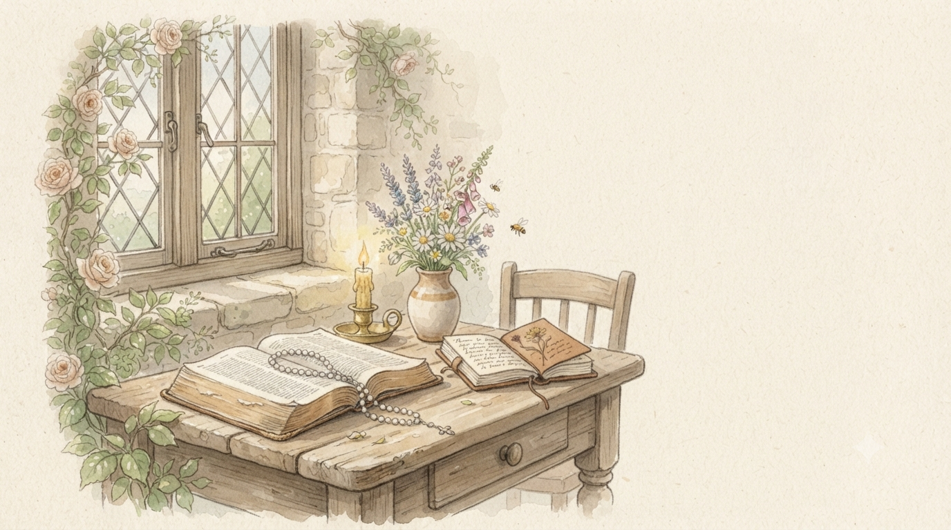 Watercolor illustration of a peaceful cottage prayer corner