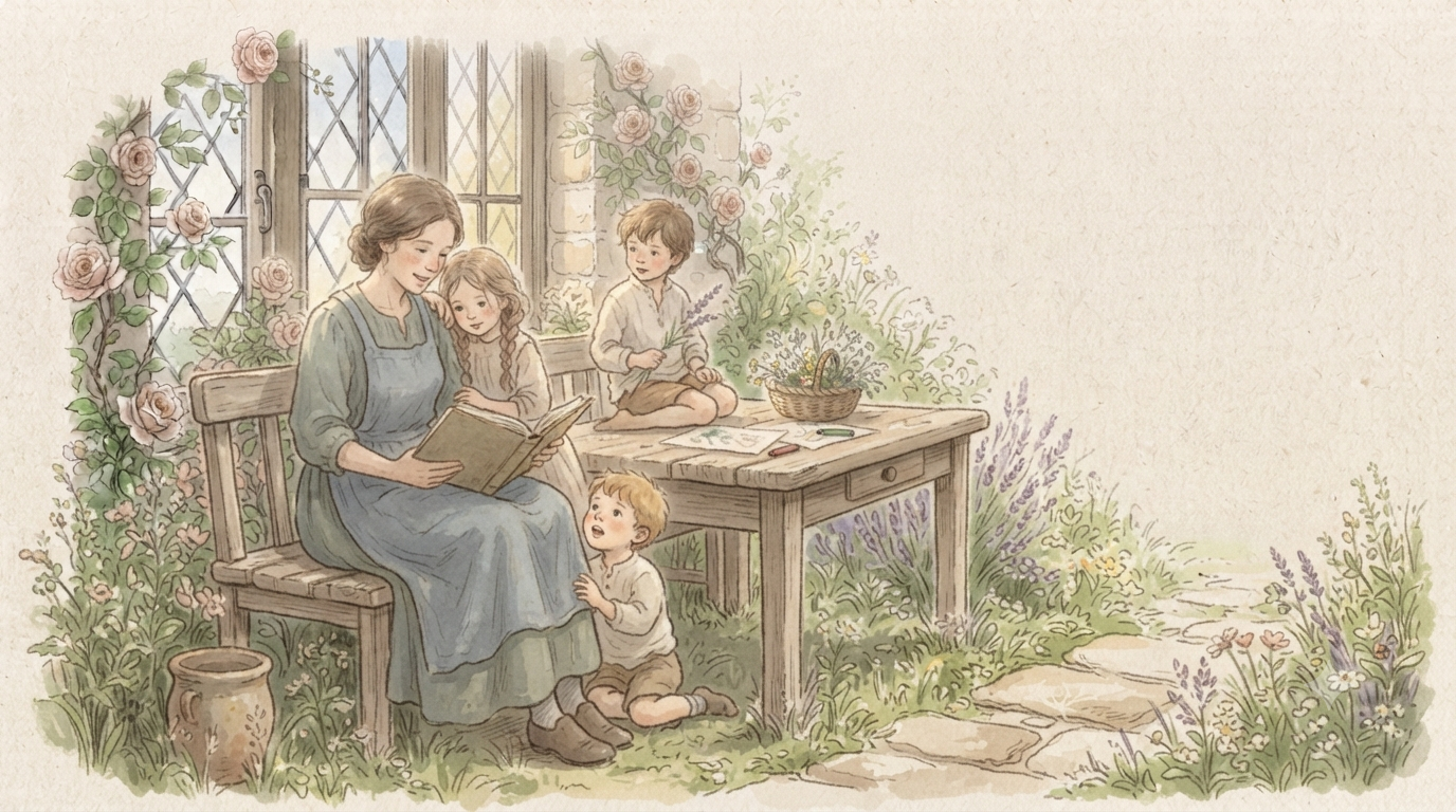 Watercolor illustration of a mother and children together