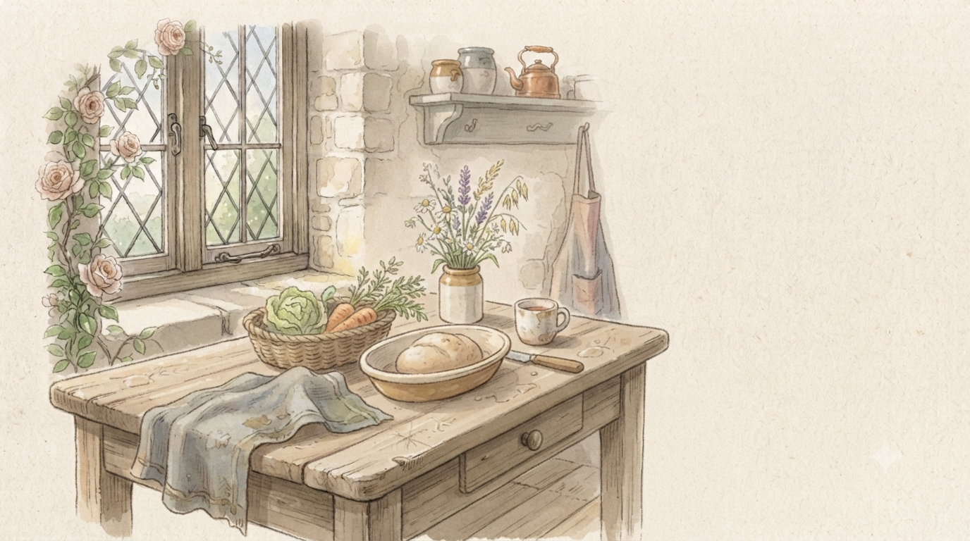 Watercolor illustration of a warm cottage kitchen