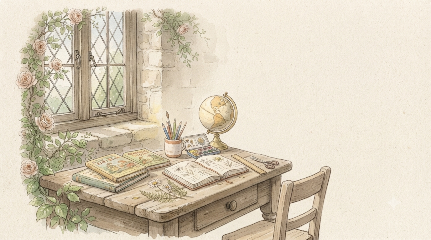 Watercolor illustration of a cozy cottage homeschool table