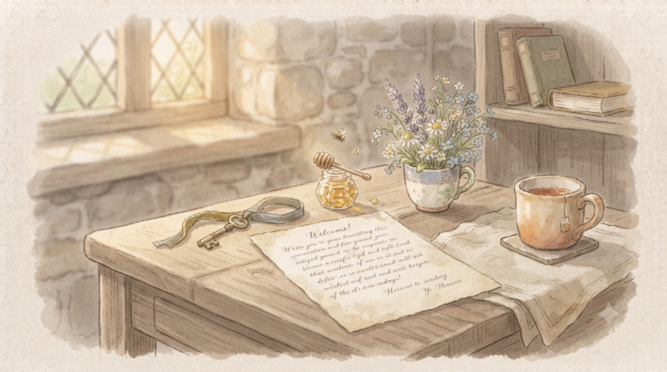 Watercolor illustration of a letter and key on a cottage desk