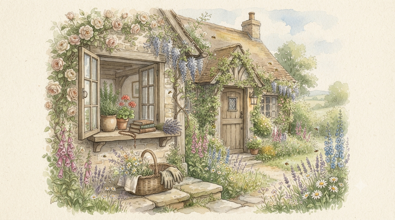 A cozy cottage illustration representing the Honey Hive